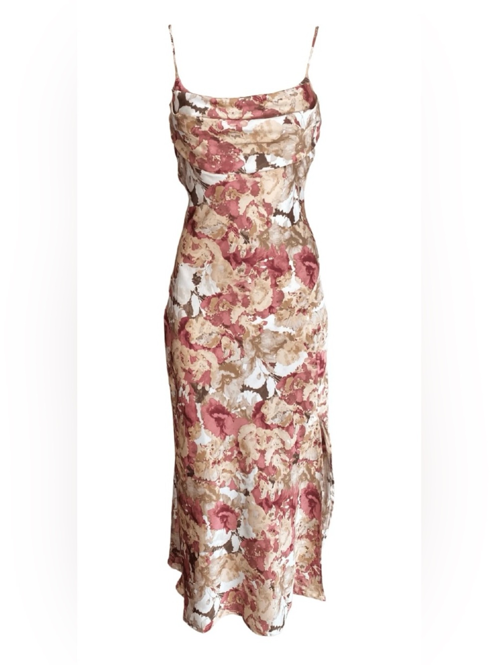 Strapless Floral Cowl Midi Dress in Rose and Beige